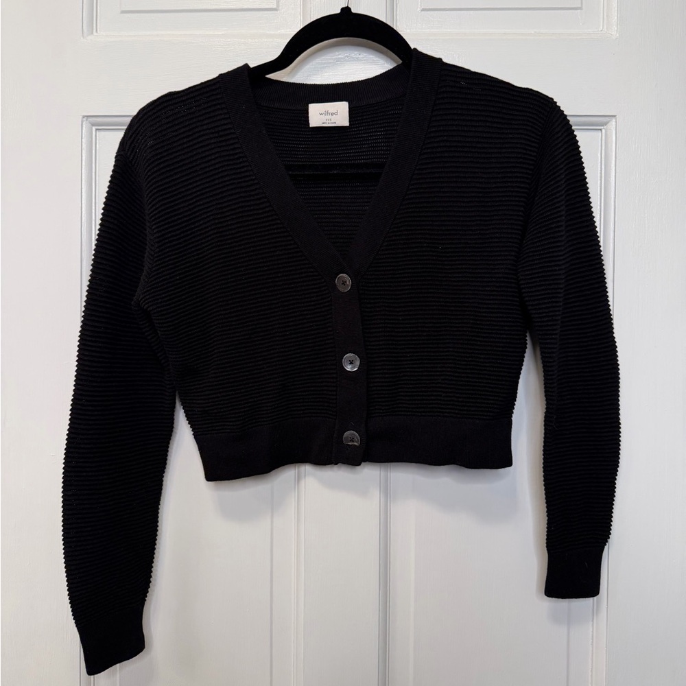 Wilfred Aritzia Black Cropped Ribbed Cardigan Button Front Knit Sweater Size XXS
